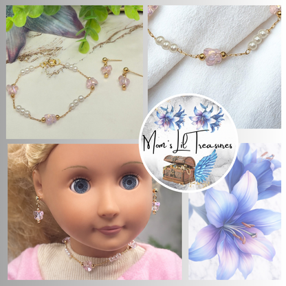 Light Pink Acrylic Crystal & Pearl Beaded Doll Necklace and Earrings Set • 18 Inch Fashion Doll Jewelry