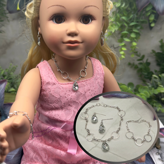 Clear Rhinestone Teardrop Doll Necklace Earring Bracelet Set 18” Doll Jewelry