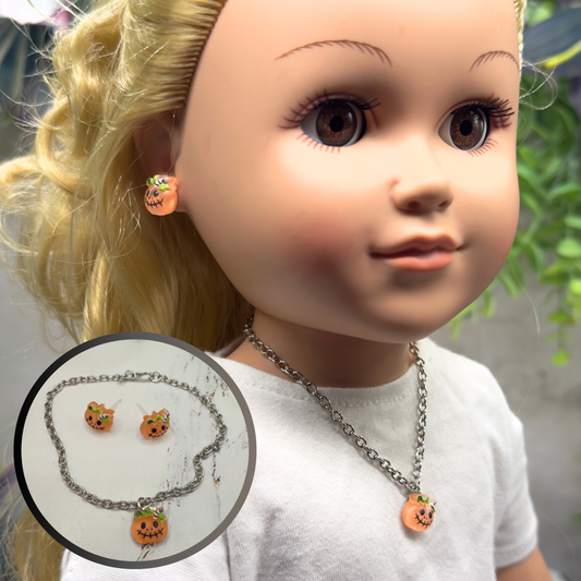 Pumpkin Halloween Acrylic Charm Doll Necklace and Earrings Set • 18 Inch Fashion Doll Jewelry