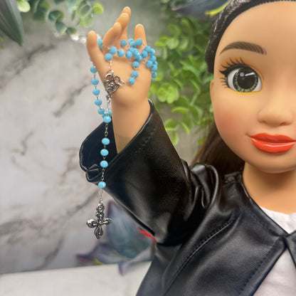 Turquoise Blue Glass Crystal Beaded Silver Chain & Cross • Doll Size Catholic Rosary for 18-22” Fashion or Vintage Dolls