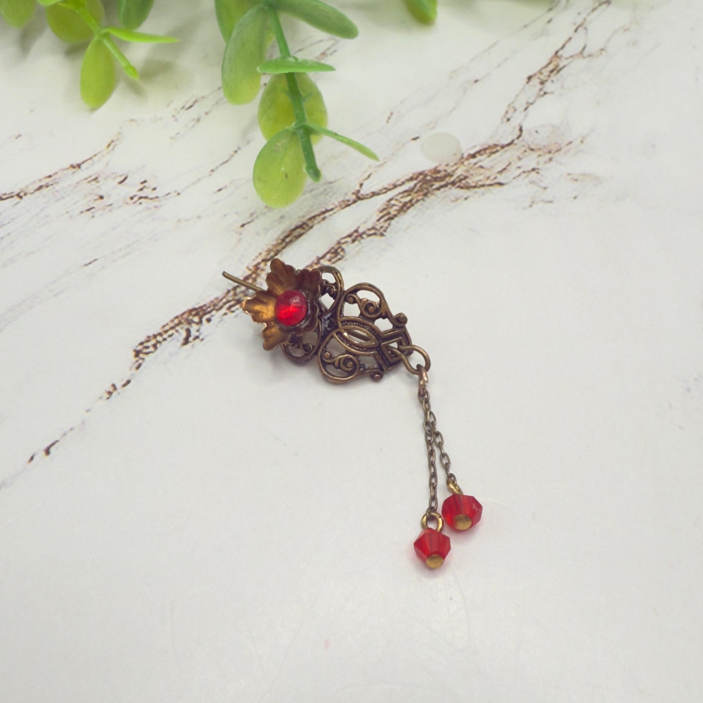 Red Rhinestone Crystal Dangles Bronze Brass Tone Metal Filigree Flower Design Doll Hair Stick • 14-18” Fashion Dolls • Doll Hair Accessories da