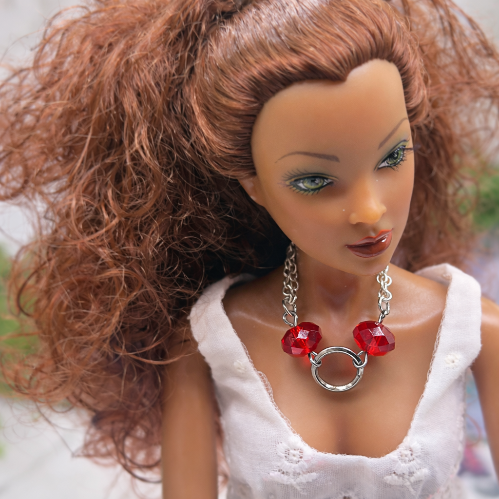 Red Faceted Acrylic Crystal Silver Ring Doll Necklace • 16 Inch Fashion Doll Jewelry
