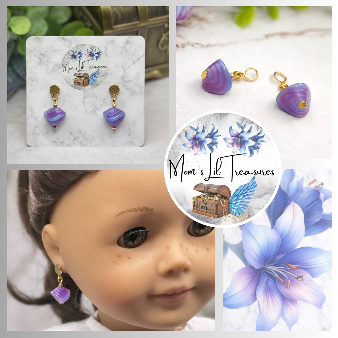 Purple Blue Swirl Glass Drop Gold Doll Earrings - DANGLE ONLY fits 2mm post for 18 Inch Fashion Dolls
