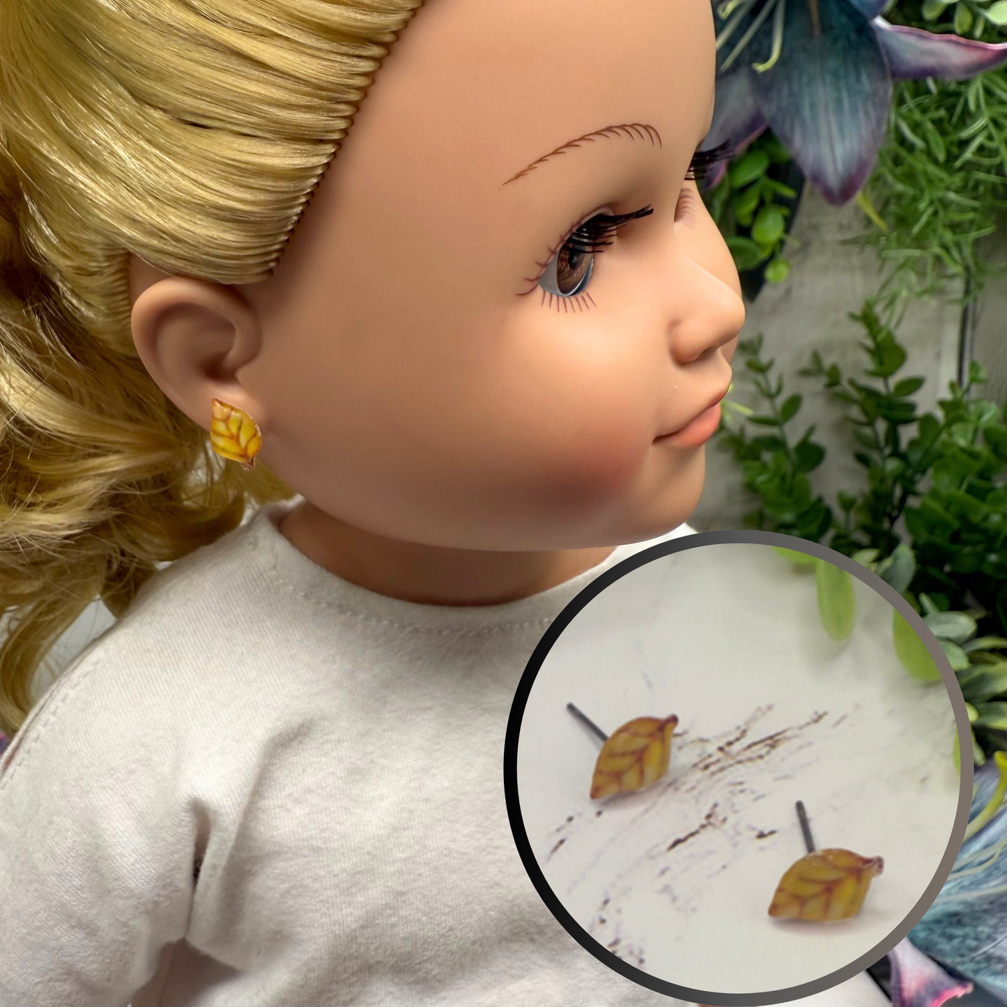 Golden Yellow Autumn Fall Leaf Post Doll Earrings • 18 Inch Fashion Doll Jewelry