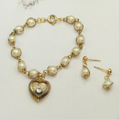 Gold Heart Rhinestone Accent Charm Pearl Link Doll Necklace & Earrings • 18 Inch Fashion Doll Jewelry
