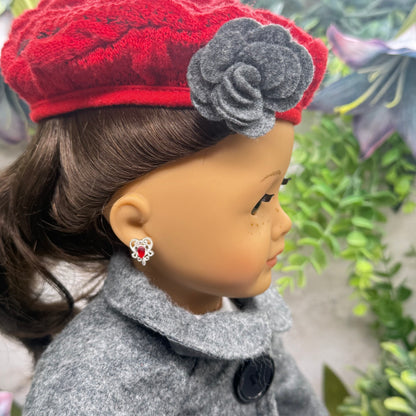 Red Rhinestone Silver Filigree Heart Post Doll Earrings • 2mm and Post for 18 Inch Fashion Doll