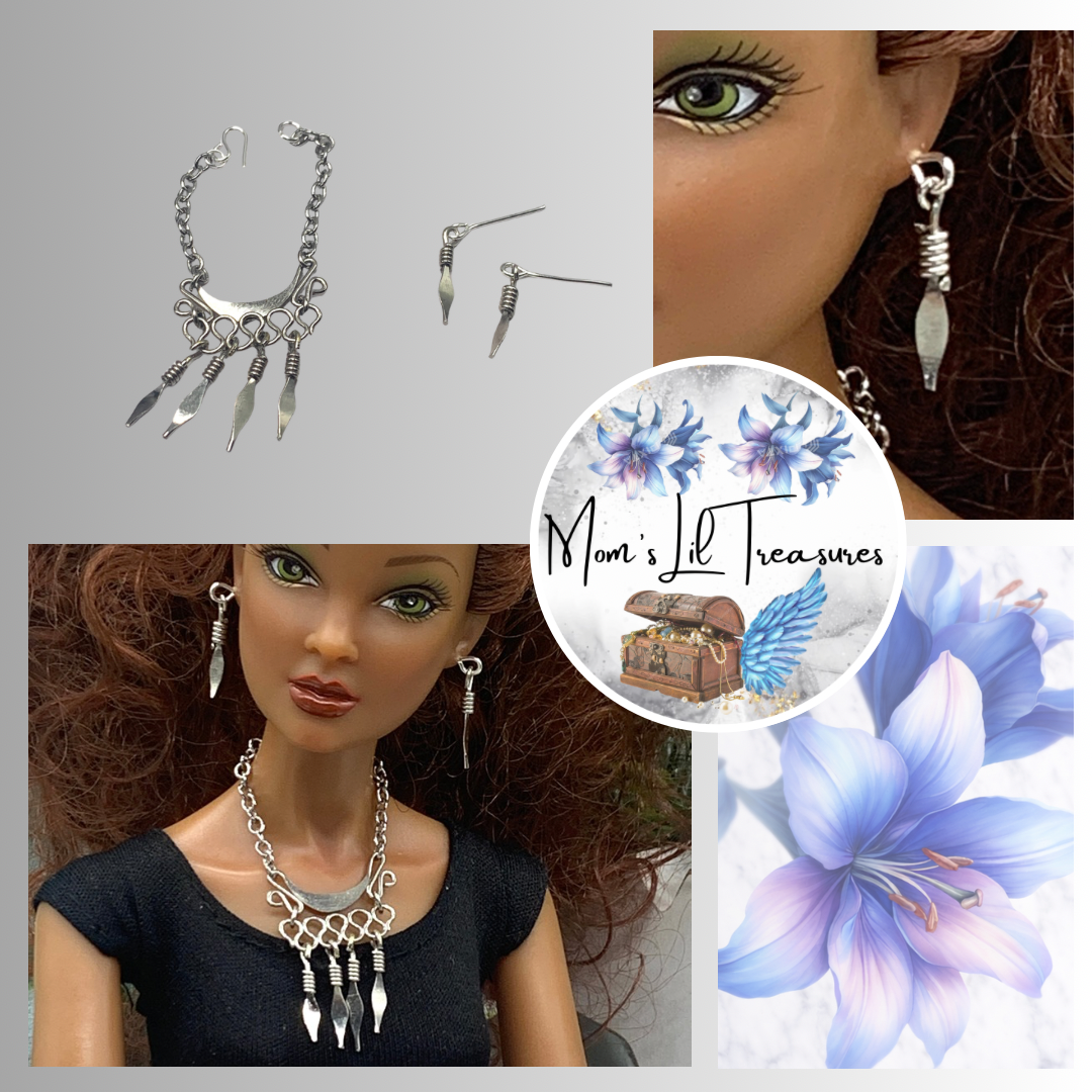 Silver Dangle Statement Doll Necklace Matching Earring Set • 16” Doll Jewelry