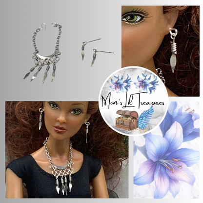 Silver Dangle Statement Doll Necklace Matching Earring Set • 16” Doll Jewelry