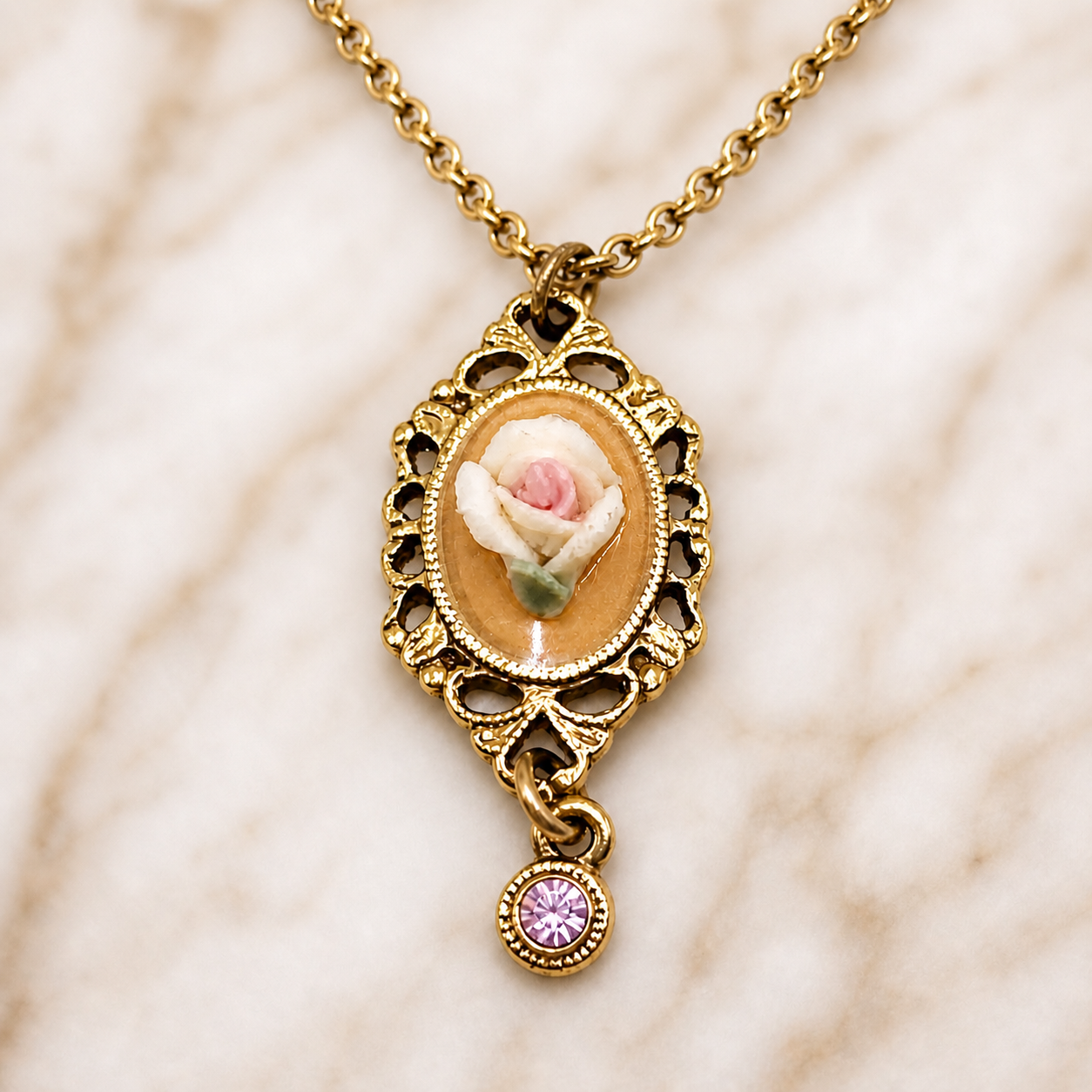 Rose Detail Pink Rhinestone Filigree Pendant Doll Necklace •18 Inch Doll Jewelry