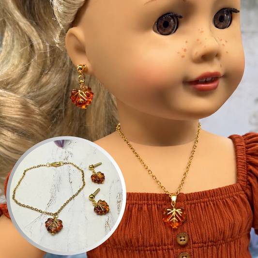 Autumn Fall Leaf Dangle 2mm Post Doll Earrings & Necklace | fits 18 Inch Dolls • American Girl
