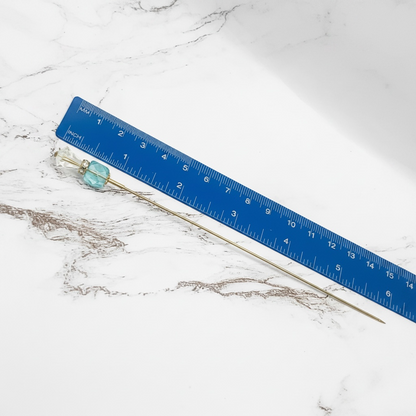 Turquoise Blue Glass Crystal -  Rhinestone Gold Tone 6” Pin • Hatpin - Stick Pin
