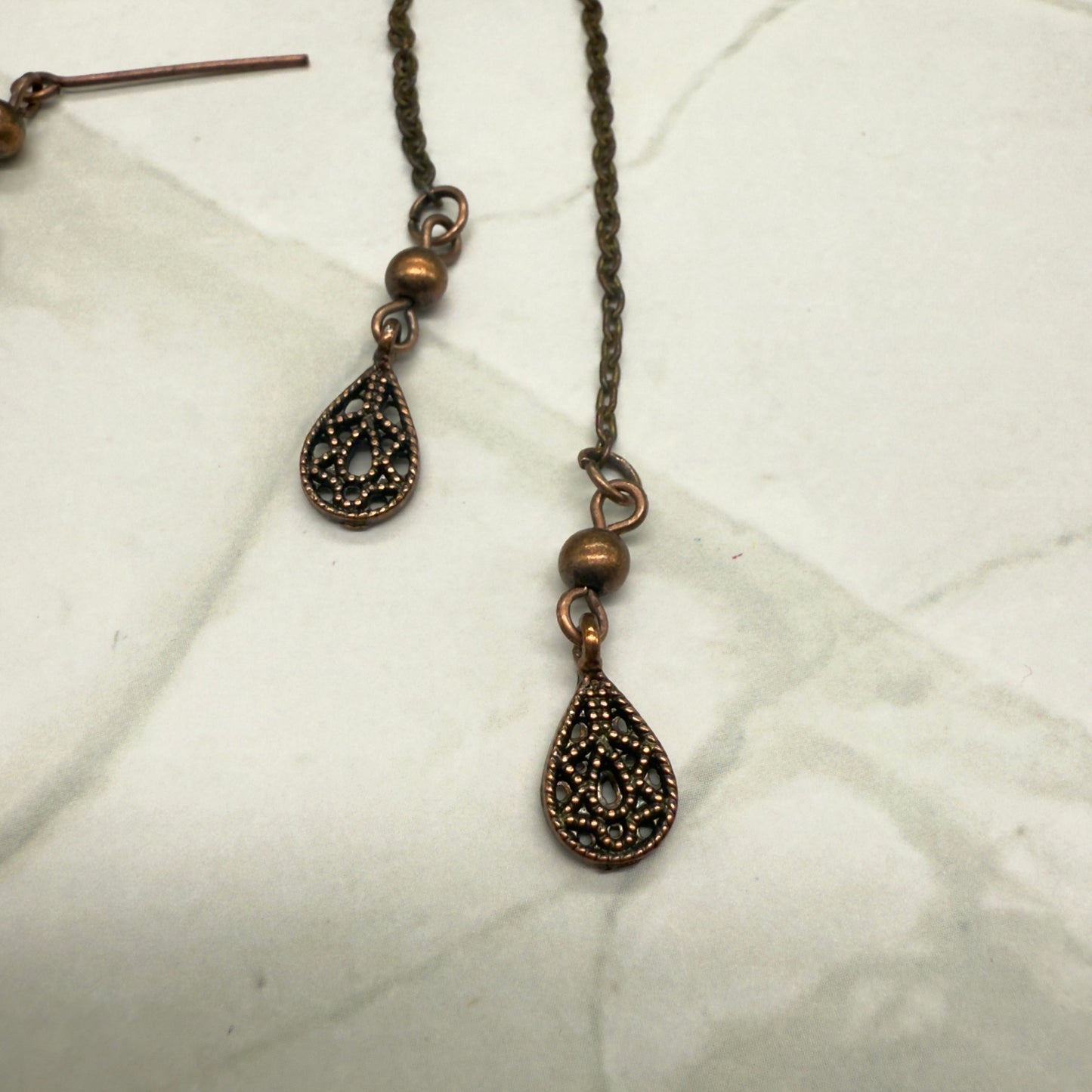 Copper Color Teardrop Dangle Wrap Doll Necklace Earring Set • 16” Doll Jewelry