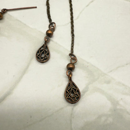 Copper Color Teardrop Dangle Wrap Doll Necklace Earring Set • 16” Doll Jewelry