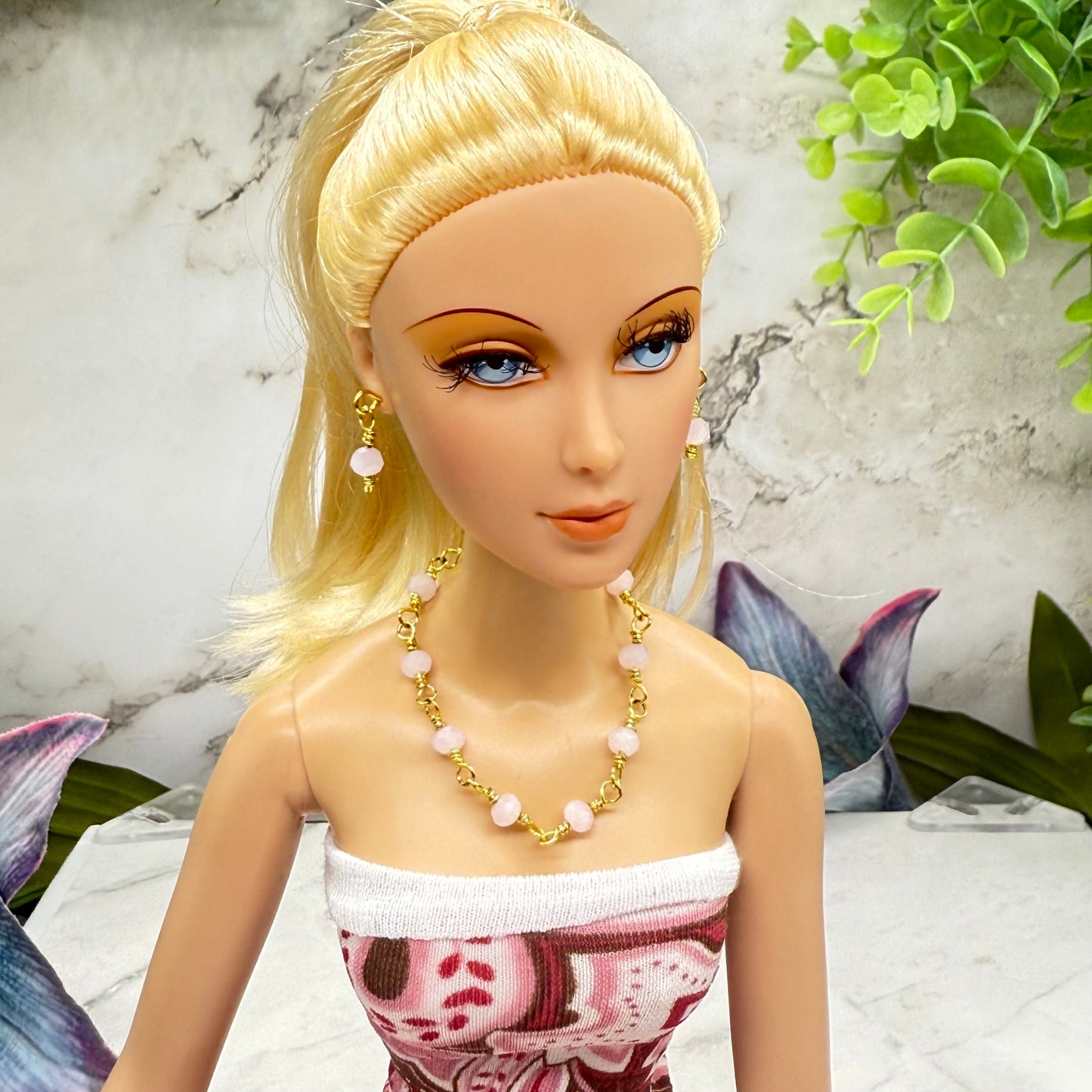 Light Pink Glass Beaded Gold Doll Necklace & Earrings • 16 Inch Fashion Doll Jewelry