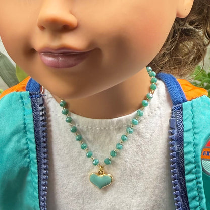 Turquoise Green Heart Charm Glass Beaded Doll Necklace • 18 Inch Fashion Doll Jewelry