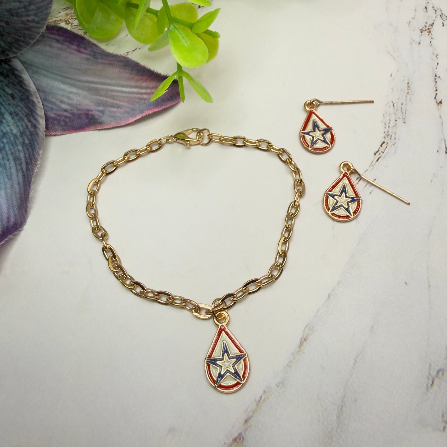 Red White Blue Teardrop Patriotic Star Gold Doll Necklace & Earrings for 18 Inch Fashion Doll
