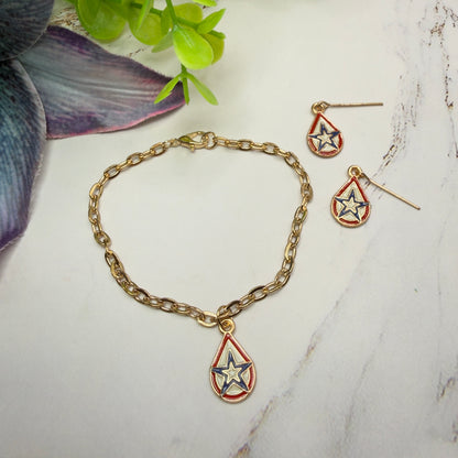 Red White Blue Teardrop Patriotic Star Gold Doll Necklace & Earrings for 18 Inch Fashion Doll