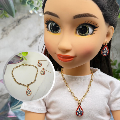 Red White Blue Teardrop Patriotic Star Gold Doll Necklace & Earrings for 18 Inch Fashion Doll