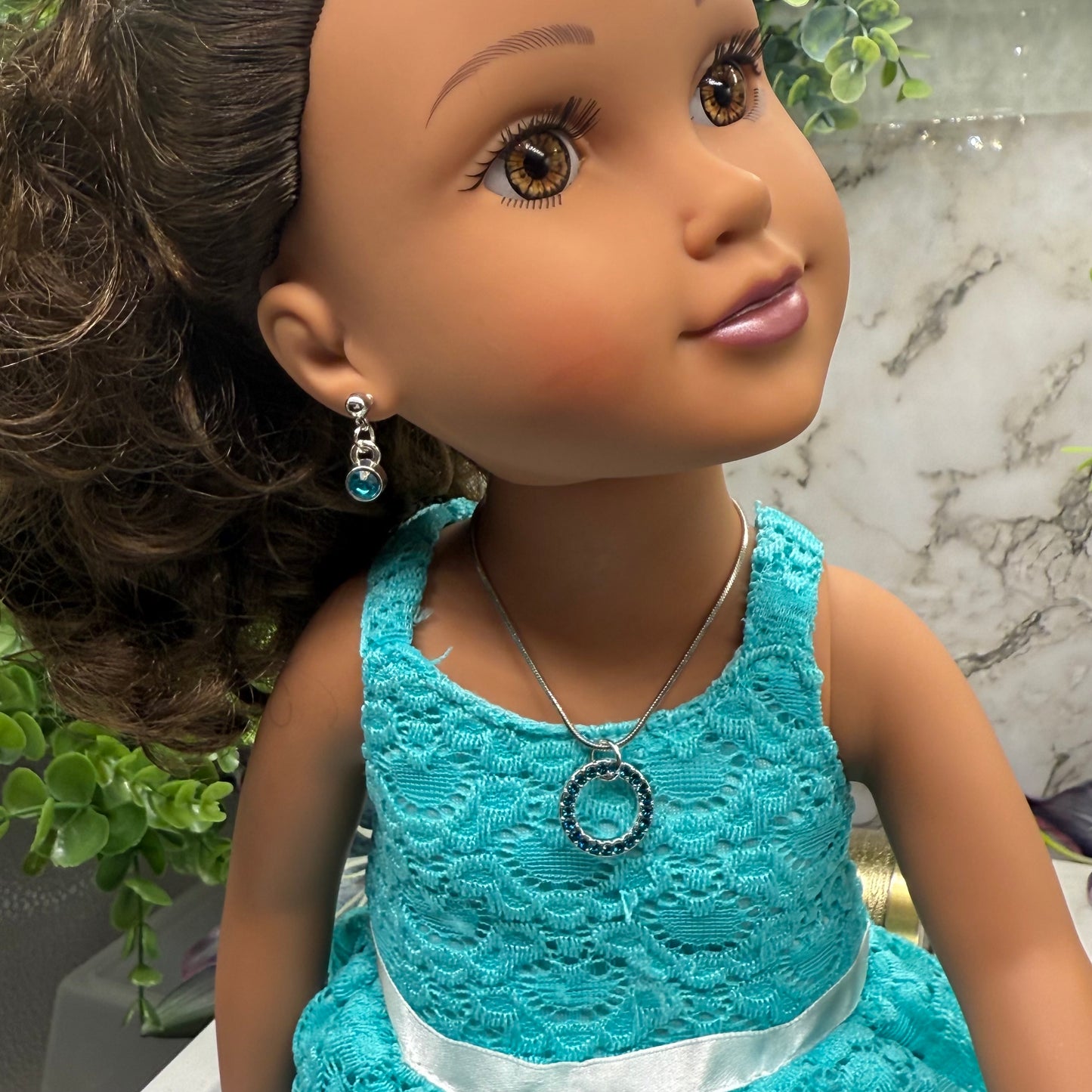 Turquoise Rhinestone Round Pendant Doll Necklace & Earrings Set • 18 Inch Fashion Doll Jewelry