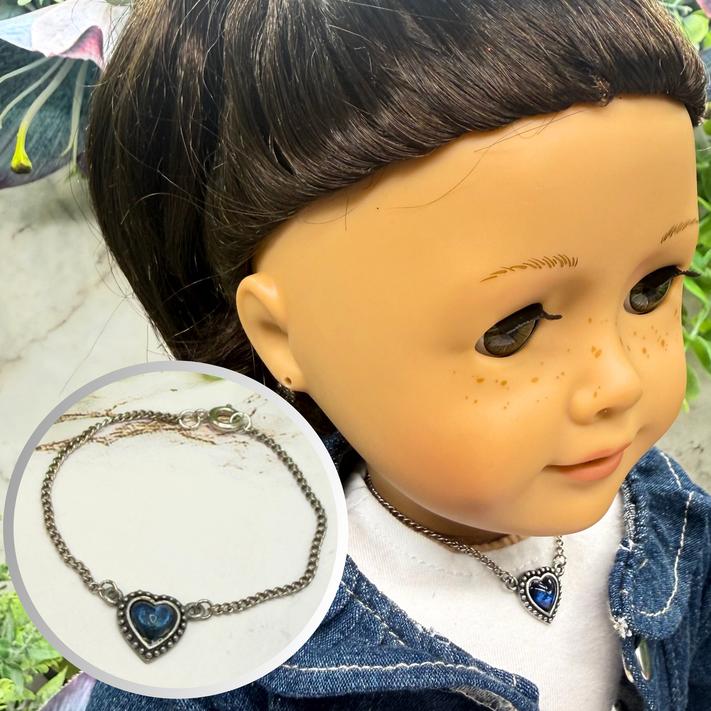 Silver Heart Blue Center Charm Doll Necklace • 18 Inch Fashion Doll Jewelry