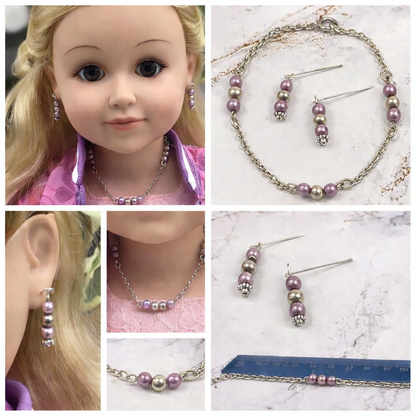 Light Purple Lilac Pearl Silver Necklace Earrings Set • 18 inch Fashion Doll Jewelry