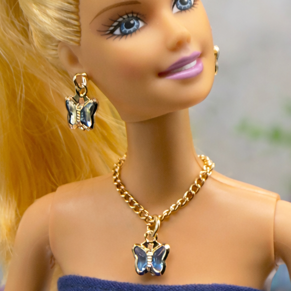 Blue Crystal Butterfly Charm Gold Chain Doll Necklace & Earrings • 10-12 Inch Fashion Doll Jewelry 1:6