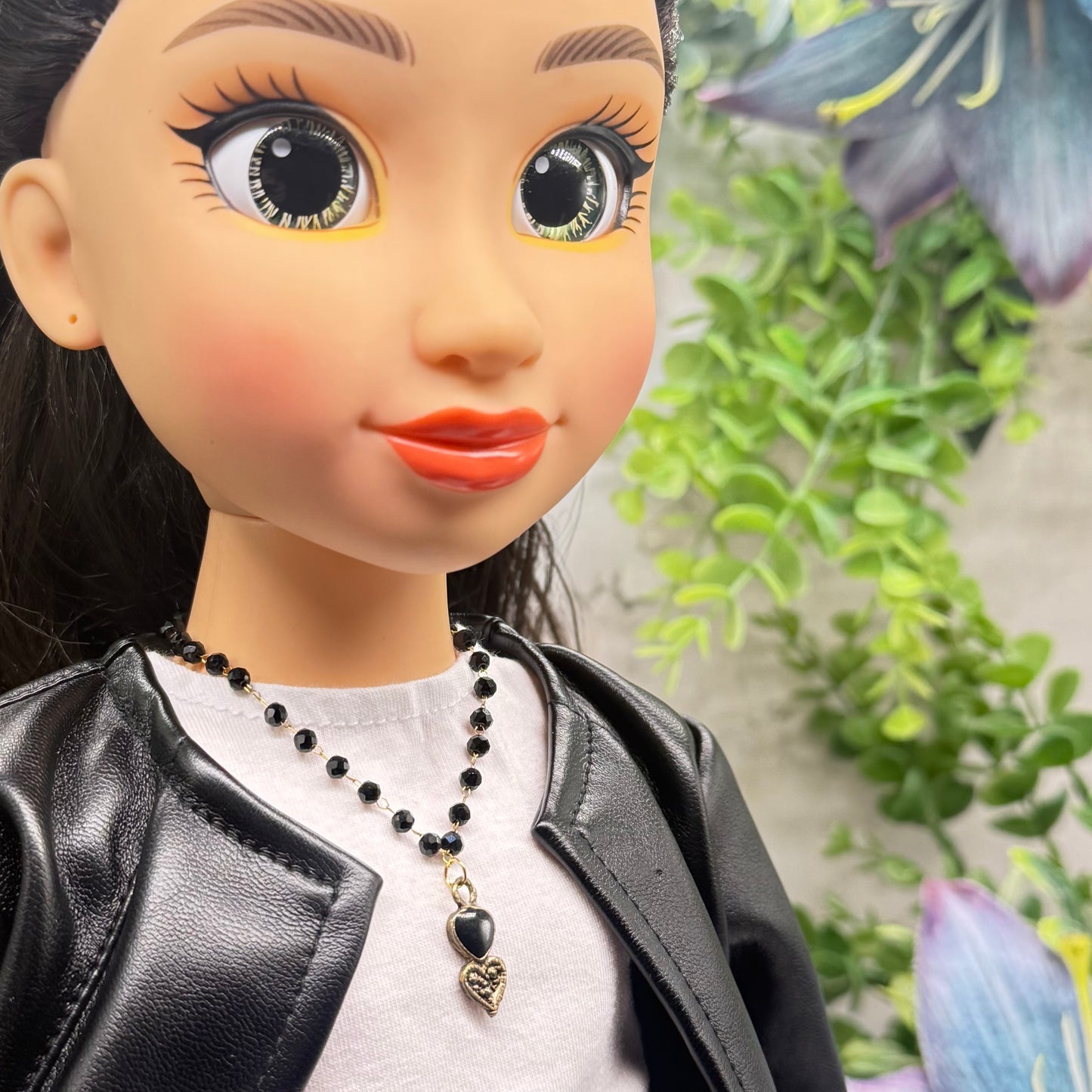 Black Crystal Beaded Double Heart Charm Doll Necklace • 18 Inch Fashion Doll Jewelry