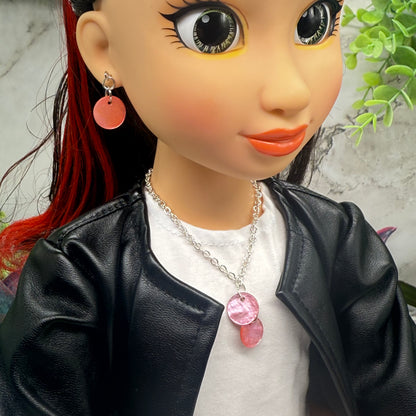 Pink Brown Round Dangle Doll Necklace & Earrings Set • 18 Inch Fashion Doll Jewelry