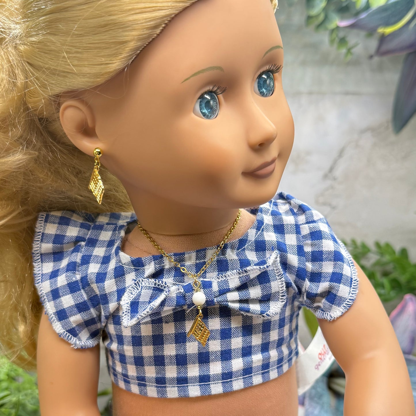 White Bead Gold Flag Dangle Doll Necklace & Earrings Set for 18 Inch Fashion Doll