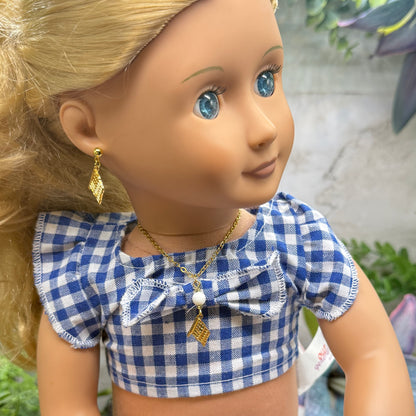 White Bead Gold Flag Dangle Doll Necklace & Earrings Set for 18 Inch Fashion Doll