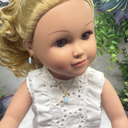 Blue Glass Rectangular Dangle Gold Chain Doll Necklace Earrings Set • 18 Inch Fashion Doll Jewelry