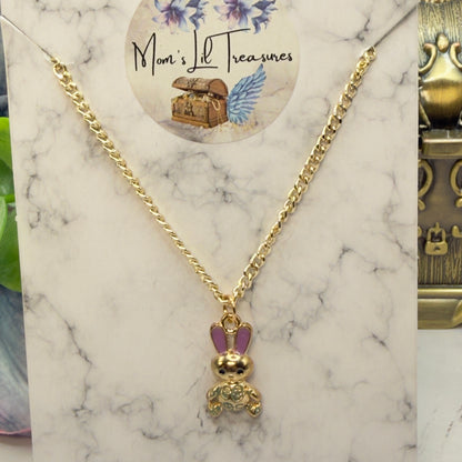 Bunny Purple & Green Enamel Detail Charm Doll Necklace Easter • 18 Inch Fashion Doll Jewelry
