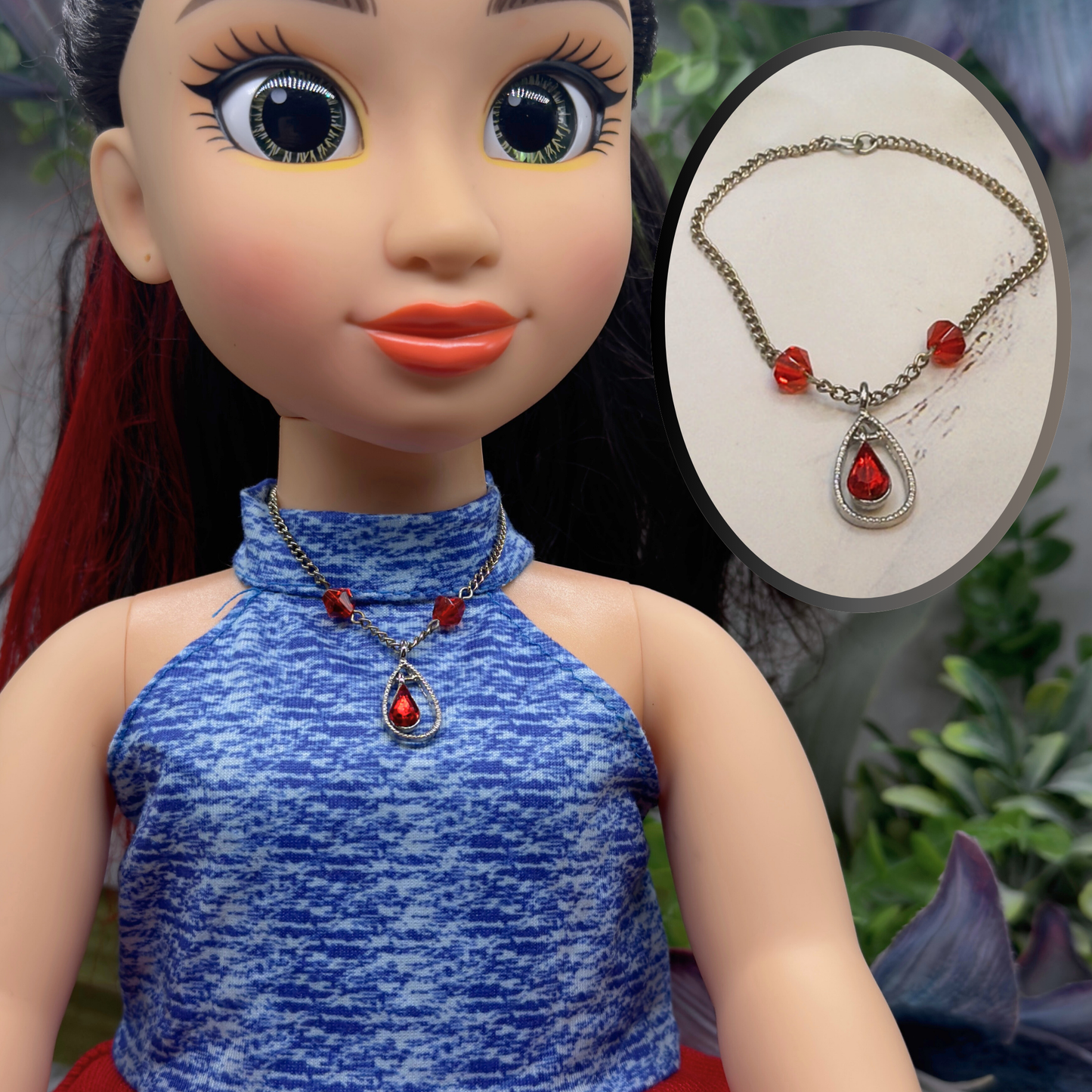 Red Glass Crystal Teardrop Rhinestone Pendant Silver Chain Doll Necklace • 18 Inch Fashion Doll Jewelry