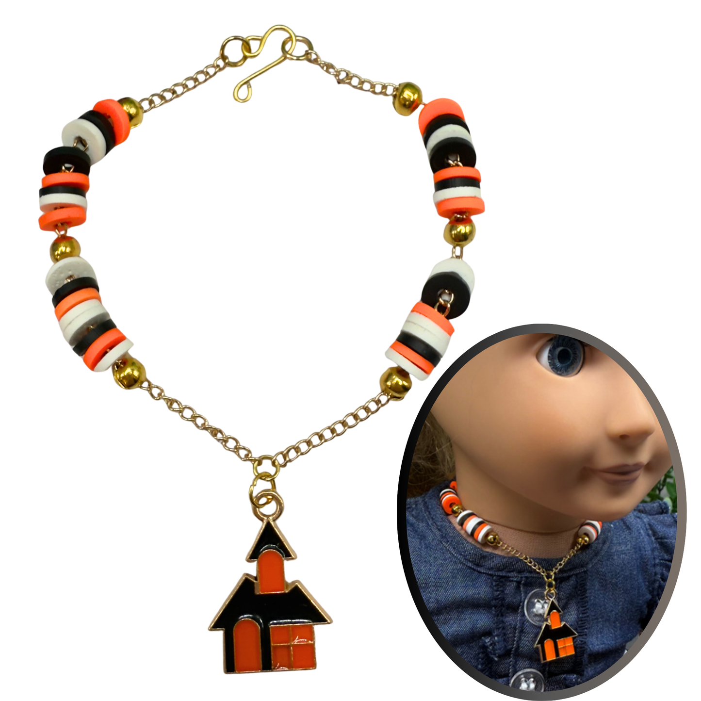 Haunted House Halloween Charm Silicone Disc Beads on Gold Chain Doll Necklace • 18 Inch Fashion Doll Jewelry