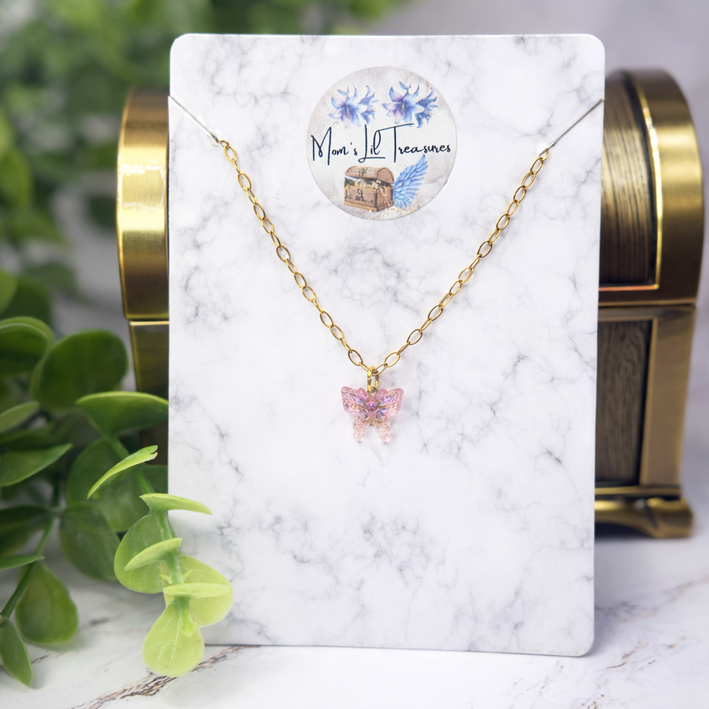 Pink Acrylic Butterfly Charm Gold Chain Doll Necklace • 18 Inch Fashion Doll Jewelry