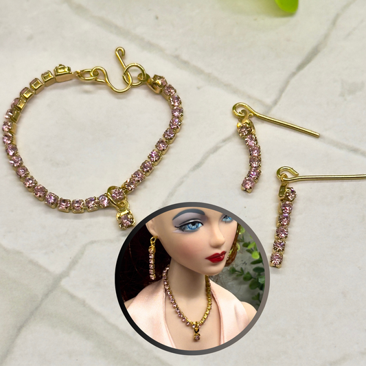 Pink Rhinestone Doll Necklace Earrings Set • 16” Fashion Doll Jewelry