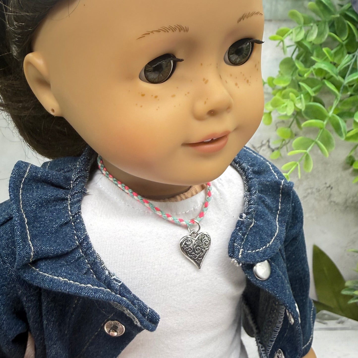 Pink Blue White Braided Thread Silver Heart yuhCharm Doll Necklace • 18 Inch Fashion Doll Jewelry