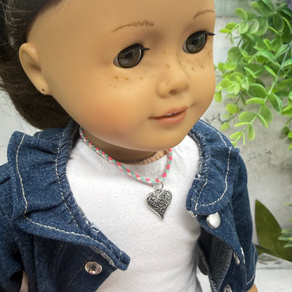 Pink Blue White Braided Thread Silver Heart yuhCharm Doll Necklace • 18 Inch Fashion Doll Jewelry