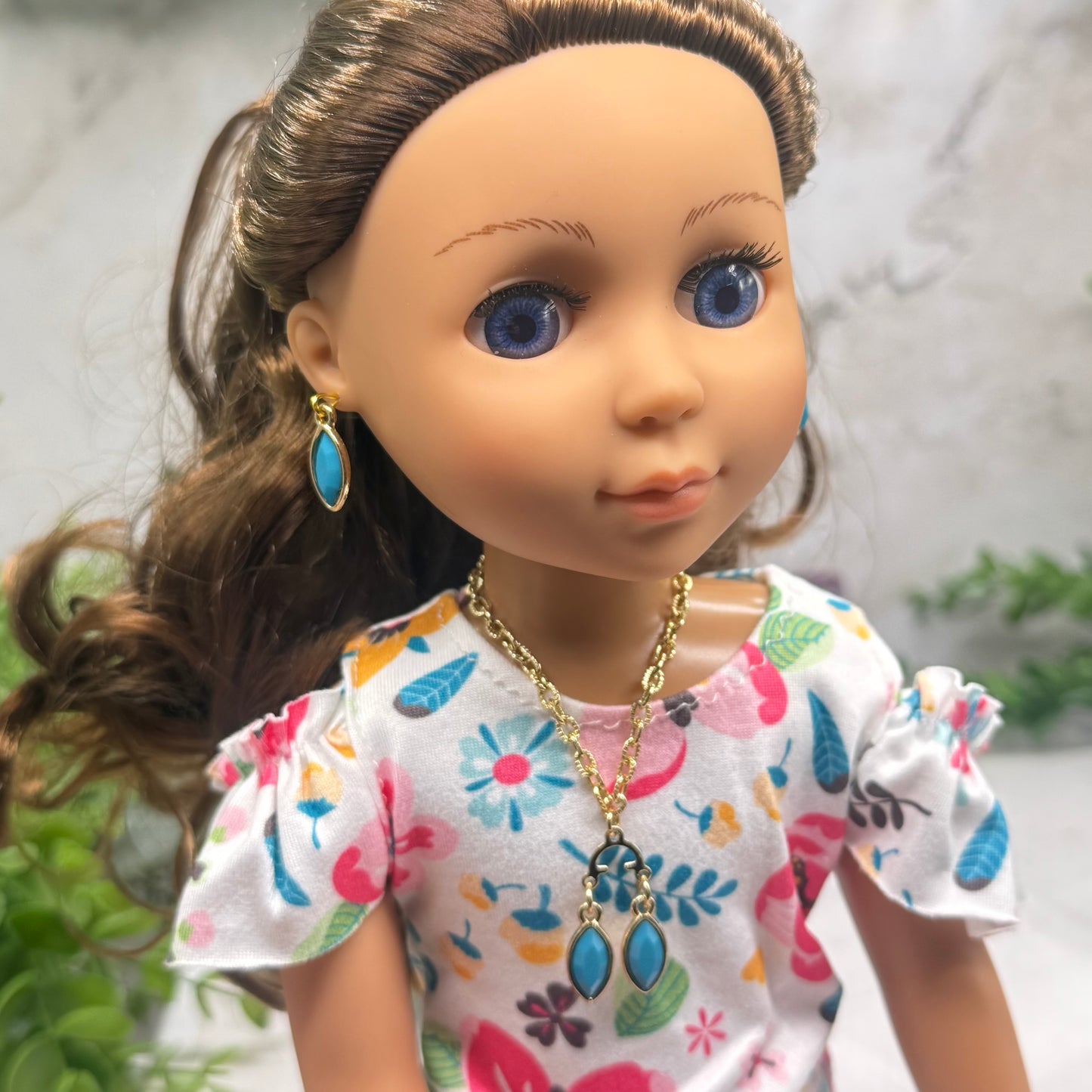 Turquoise Green Rhinestone Dual Pendant Gold Chain Dangle Doll Necklace & Earrings • 14 Inch Fashion Doll Jewelry