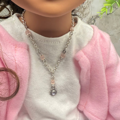Light Pink Glass Bead Silver Chain Doll Necklace & Earrings • 18 Inch Fashion Doll Jewelry