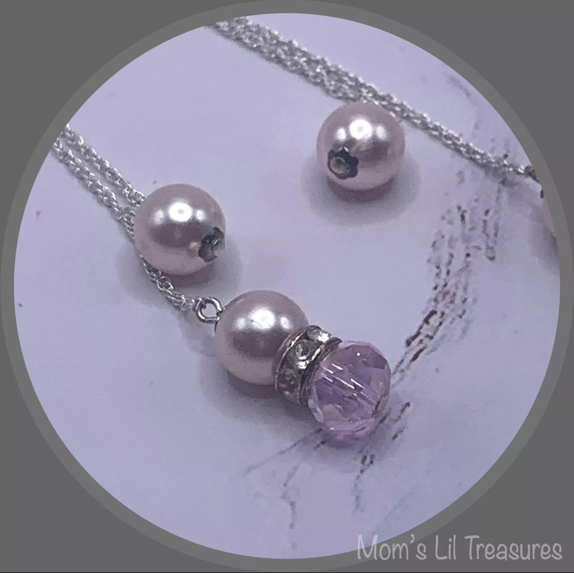 Pink Crystal Faux Pearl Rhinestone Silver Tone Chain Dangle Earrings - Handmade