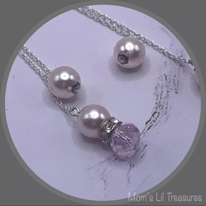 Pink Crystal Faux Pearl Rhinestone Silver Tone Chain Dangle Earrings - Handmade