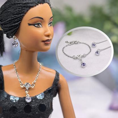 Misty Purple & Clear Rhinestone Y-Style Silver  Doll Necklace & Earrings for 10-12 Inch Fashion Doll1