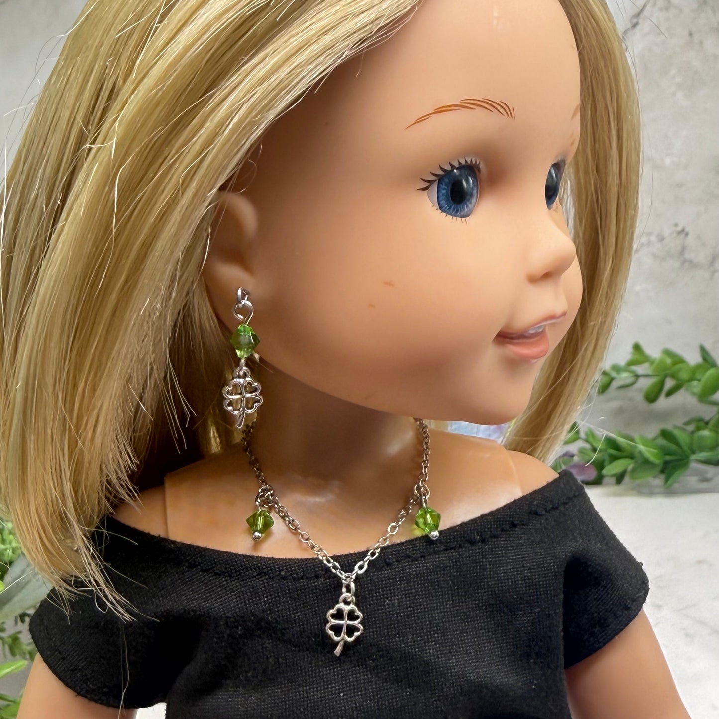 Silver Shamrock Charms Green Crystal Dangles Doll Necklace & Earrings • 14 Inch Fashion Doll Jewelry