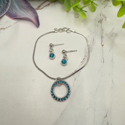 Turquoise Rhinestone Round Pendant Doll Necklace & Earrings Set • 18 Inch Fashion Doll Jewelry