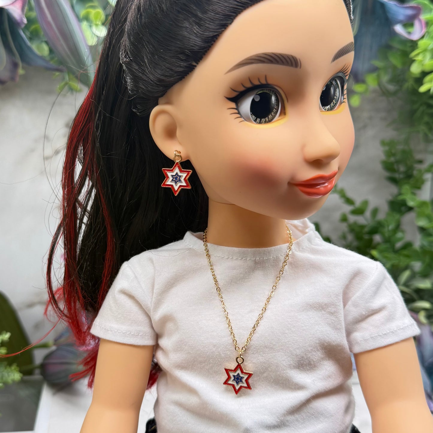 Red White Blue Star Charm Doll Necklace & Earrings Set for 18 Inch Fashion Doll