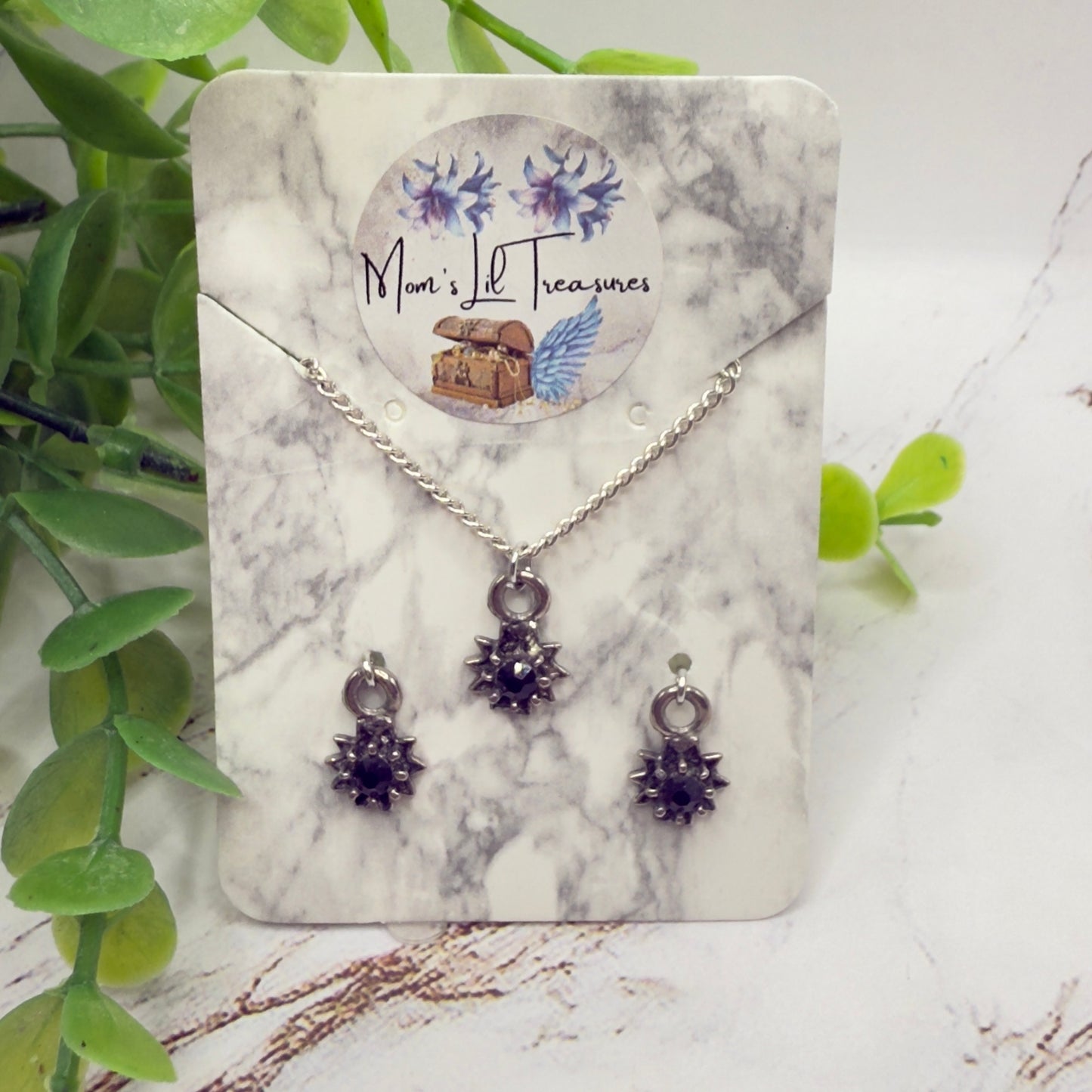 Black Rhinestone Flower Charm Silver Chain Doll Necklace & Earrings Set • 14 Inch Fashion Doll Jewelry