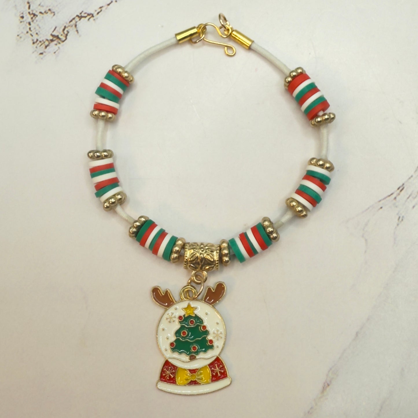 Christmas Snow Globe Charm Acrylic Beaded White Fabric Cord Doll Necklace • 18 Inch Fashion Doll Jewelry