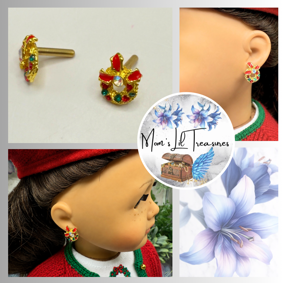 Christmas Wreath Gold Post Doll Earrings • 2mm Post for 18 Inch Fashion Doll