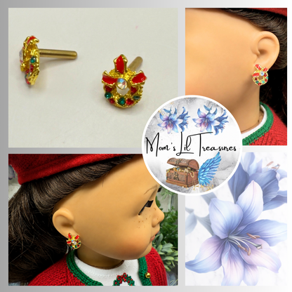 Christmas Wreath Gold Post Doll Earrings • 2mm Post for 18 Inch Fashion Doll